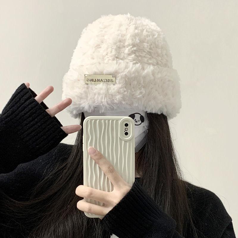 Wool hat autumn and winter women's versatile knitted bag head shows a small face and keeps warm, white plush plush cold hat big head circumference