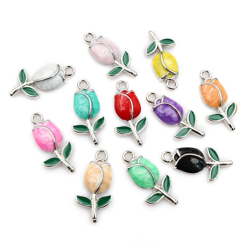 20pcs 21x10mm Enamel Rose Bud Flower Charms Pendant Alloy Metal DIY Jewelry Making Accessories Findings for Necklace Earrings