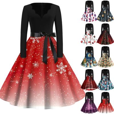 Christmas Print Flare Dress For Women Long Sleeve Dress Hollow Party Casual Dresses