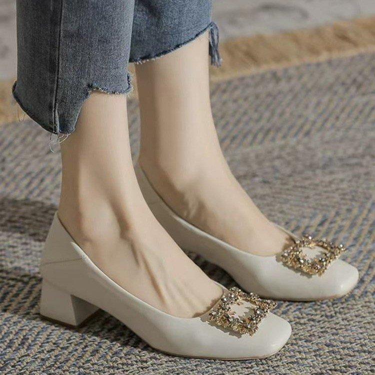 High Sense Fashion Thick Heel Single Shoes Women's 2025 Autumn Rhinestone Medium Heel Light Mouth Laden Shoes French Professional High Heels