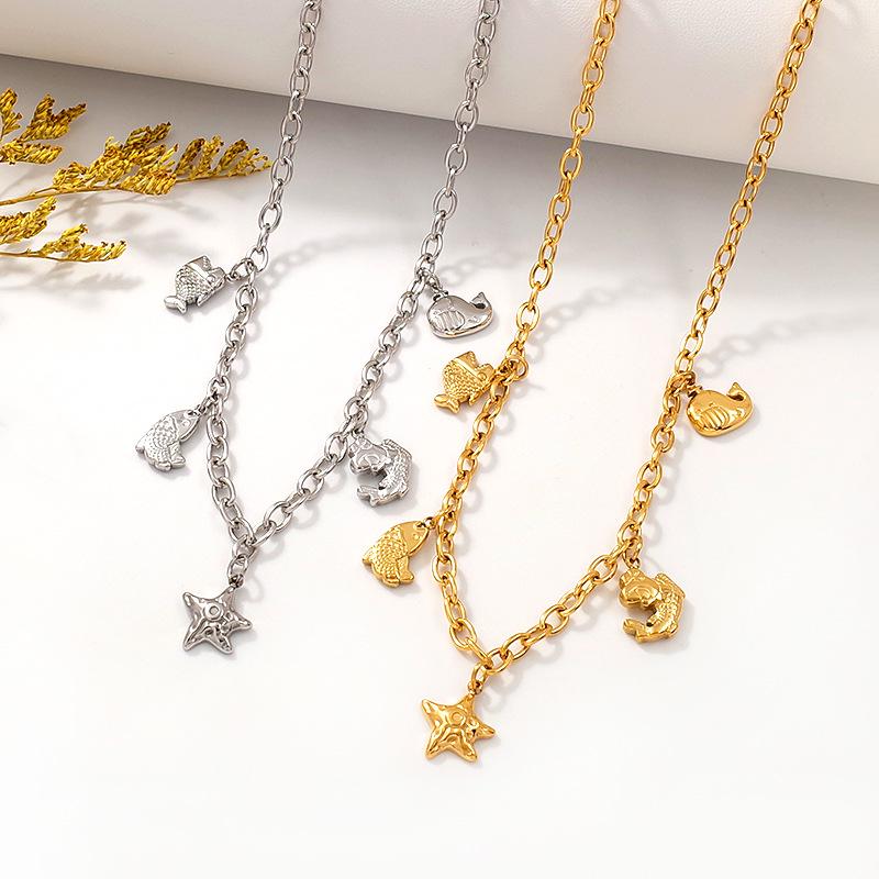Gold-Plated Titanium Ocean-Inspired Necklace & Bracelet Set with Starfish and Fish Pendants - Versatile Women's Jewelry