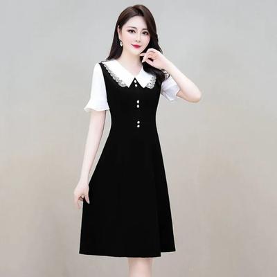 Women's Korean-Style Casual Elegant Fashion Slimming A-Line Dress Fake Two-Piece Patchwork Solid Color Button Short-Sleeve Dress