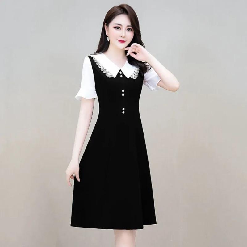 Vestido Casual Elegante de Moda Coreana para Mujer, Adelgazante, Línea A, Falso Dos Piezas, Patchwork, Color Sólido, Botón, Manga Corta
