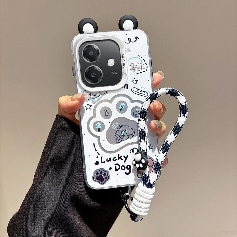 KEYSION Cute Ear Cartoon Case for OPPO A3 A3X 5G A5i with Lanyard Soft Silicone+PC Shockproof Phone Cover for OPPO A40 A40m