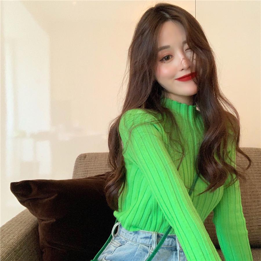 

Рубашка снизу с полувысоким воротником, женская осенне-зимняя пуловер в Корейском стиле, трикотаж, узкие топы с длинными рукавами One Size