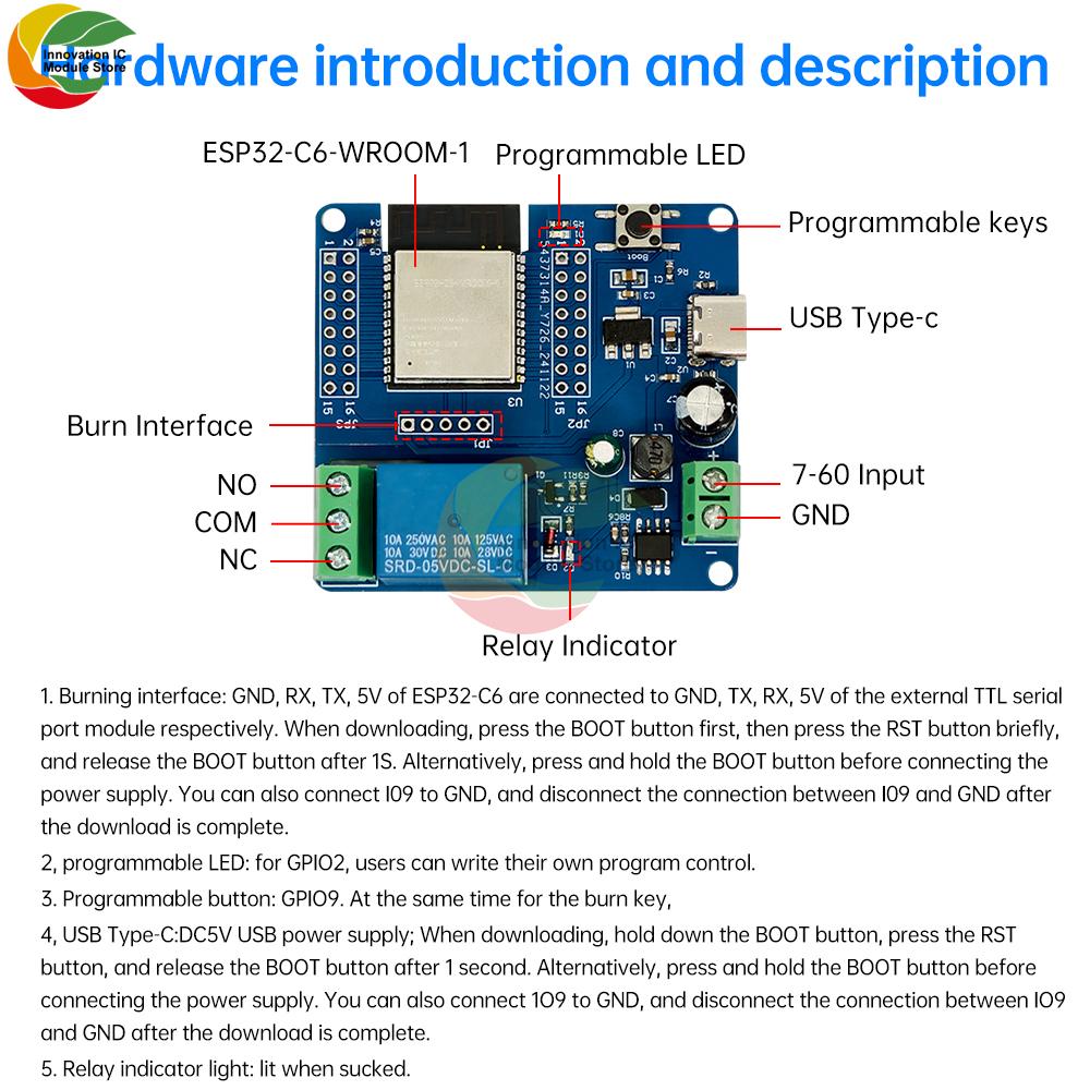 DC1-61V Type-C 1V ESP11-C6 WiFi Bluetooth 1 Channel Relay Module ESP11-C6 Development Board