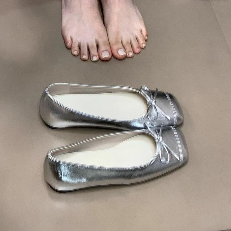 Fashion Single Shoes Women's New Spring and Summer Square Toe Shallow Mouth Bow Soft Sole Non-slip Wear-resistant Flat Shoes