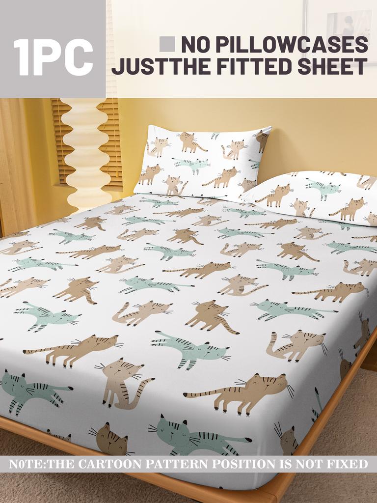 1 Cartoon Cute Animal Cat Printed Matte Fitted Sheet, Bedroom Printed Bed Cover, Bedding (Excluding Pillowcases)