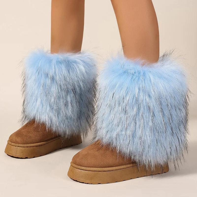 Winter women faux fur snow boots warm short plush lining fluffy fashion furry shoes woman platform suede leather ankle boots