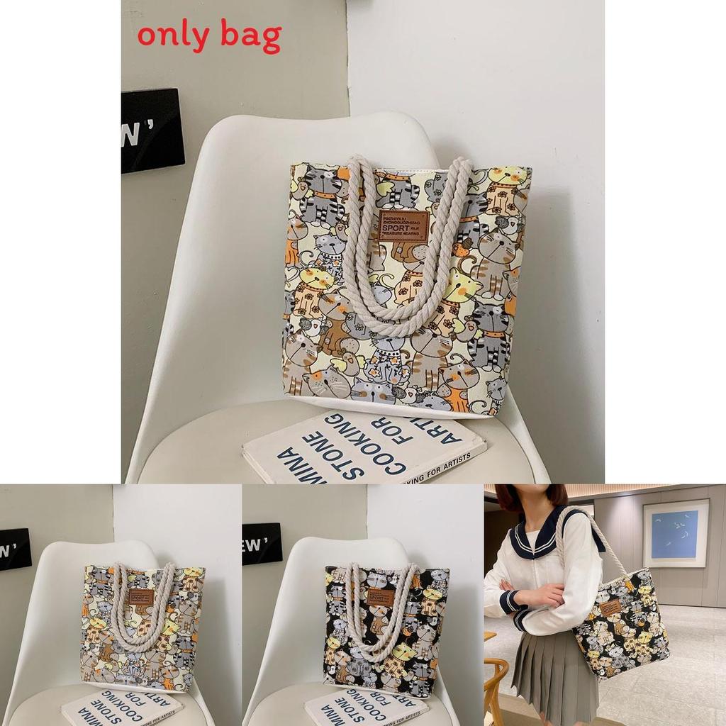 Cute Cartoon Cat Pattern Women Casual Large Capacity Canvas Bag For Daily Use And Street Fashion