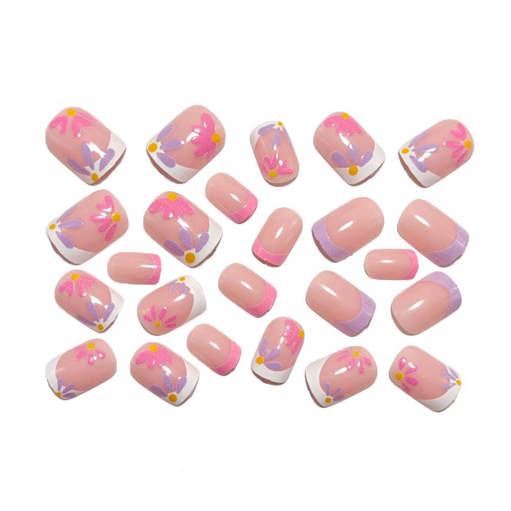 Wearable Manicure Detachable Manicure Patches, Short Flower French Manicure Patches, Pink Manicure Patches, Square Fake Nails