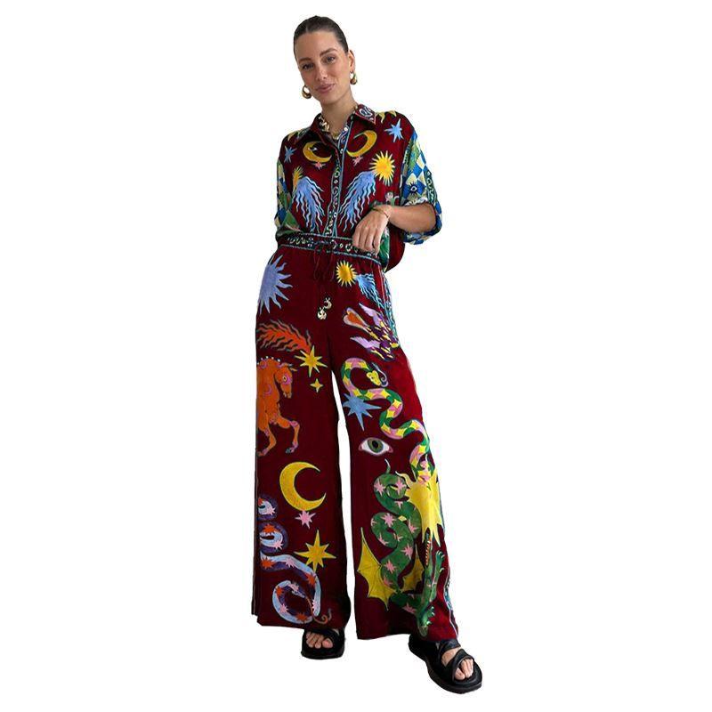 

Printed Casual Two-Piece Set2023 European and American Women Fashion Print Leisure Set Two-piece Set Burgundy S