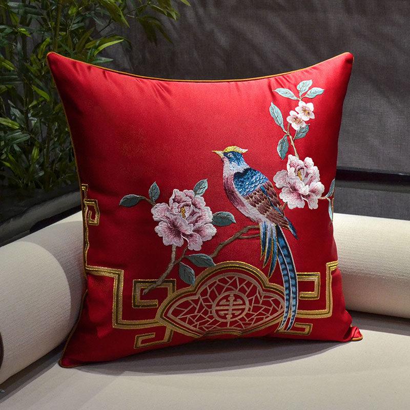 New Chinese-style Throw Pillows with Bird and Flower Embroidery Redwood Sofa Cushion Cover Large Cushion for Living Room Bed