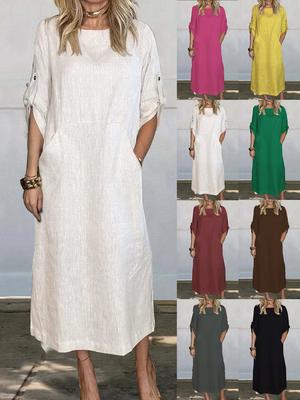 New Summer Breeze Loose Casual Solid Color Short Sleeve Cotton Linen Dress