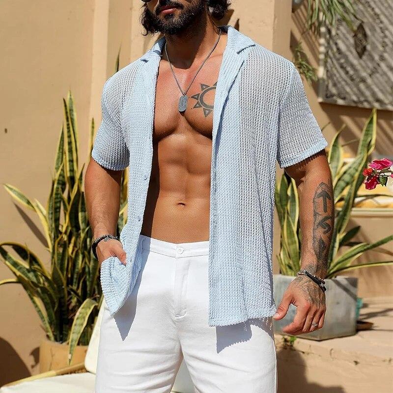 Chemise D'été Homme Onsoyours En Coton Tricoté - Col V, Manches Courtes, Décontractée, Uni, Boutonnée
