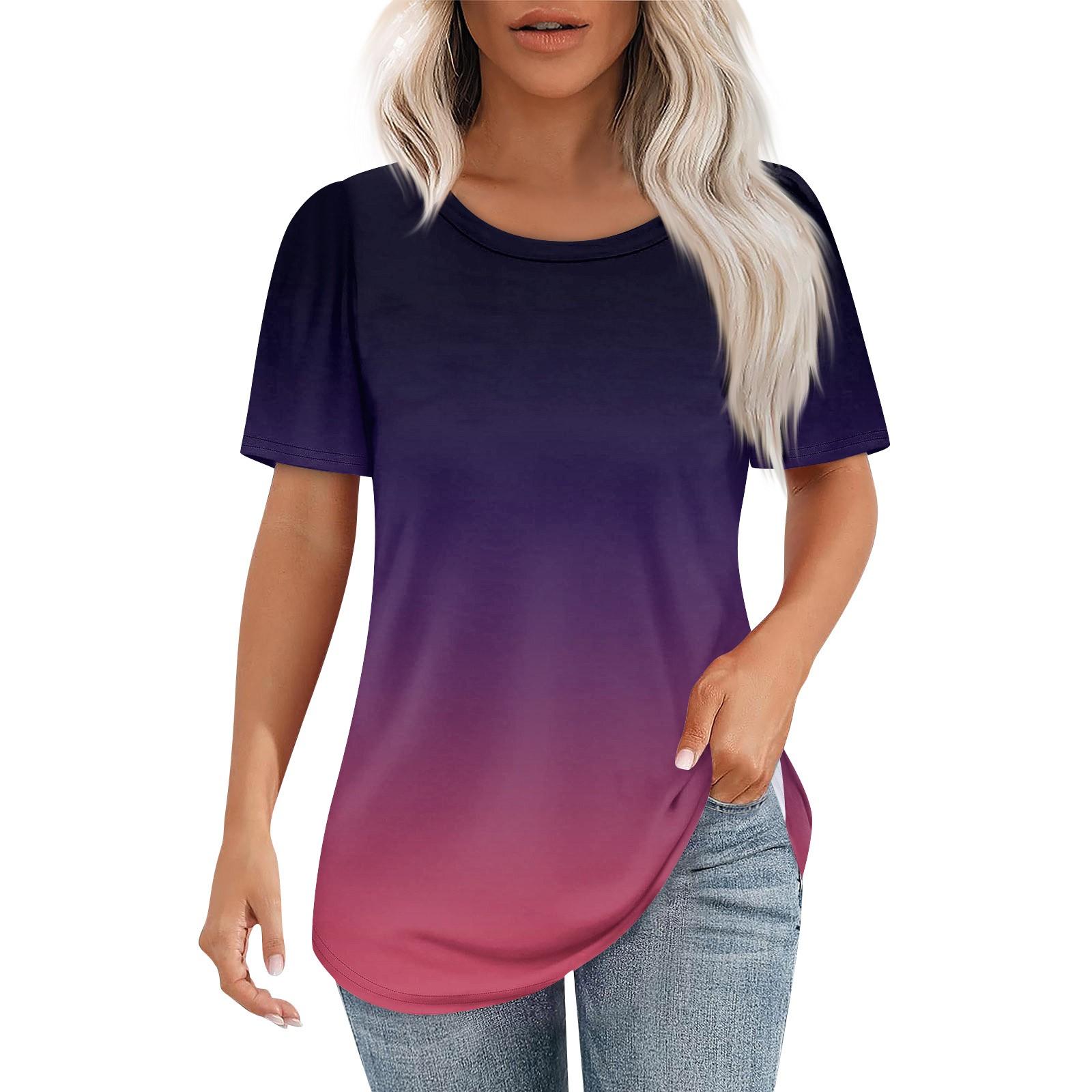 

Футболки для женщин, плиссированные, с круглым вырезом, нарядные, повседневные, блузки с принтом, с коротким рукавом, летние топы, свободный крой XL фиолетовый