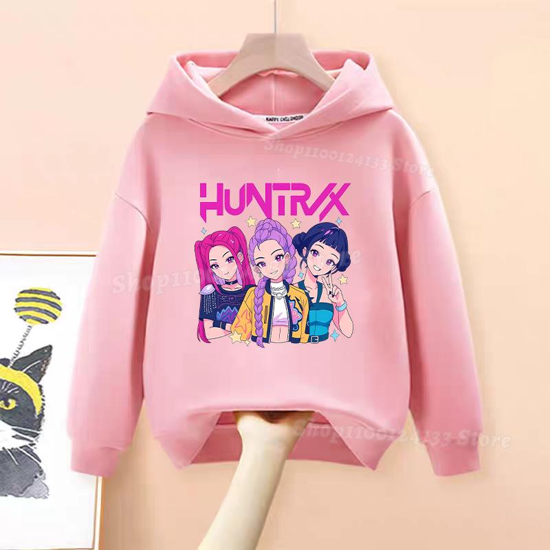 Demone Hunter Girl's Pink Hooded Streetwear Autumn Cute Anime Baby Pullover Kids Y2K Kawaii Long Sleeved T-shirt Casual Clothes