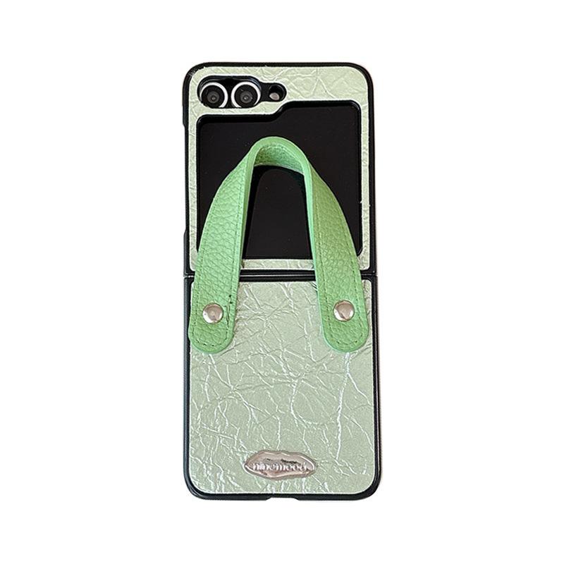 Solid Color Textured Leather Mobile Phone Case for Samsung Zflip6 Clamshell Fold7 Portable Wrist Strap Pocket2 Women