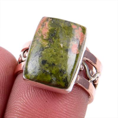 Natural Unakite Gemstone 925 Solid Silver Jewelry Two Tone Ring Size 6.5US P6k50