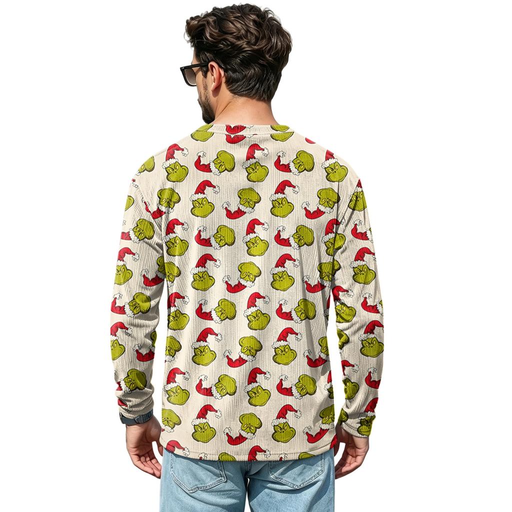 Men's Casual Loose Fit V-Neck Shirt with Christmas Print for Holiday Occasions