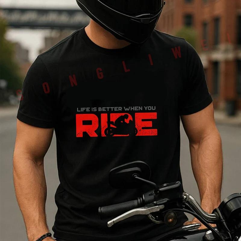 Life Is Better When You Ride Biker Print Men's Women Summer Cotton T-shirt Moto Short Sleeved C