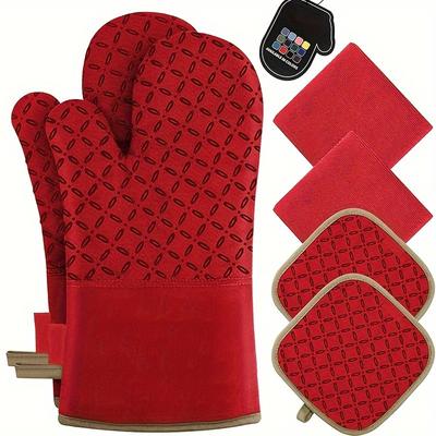 6 Stück Ofenhandschuhe und Topflappen, Küchen-Ofenhandschuh Hochhitzebeständig 500 Grad Extra Lange Ofenhandschuhe und Topflappen mit Rutschfester Silikonoberfläche