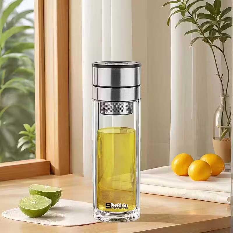 Shuanghan Crystal Bottom Double-Wall Glass Tea Infuser Bottle 380ml