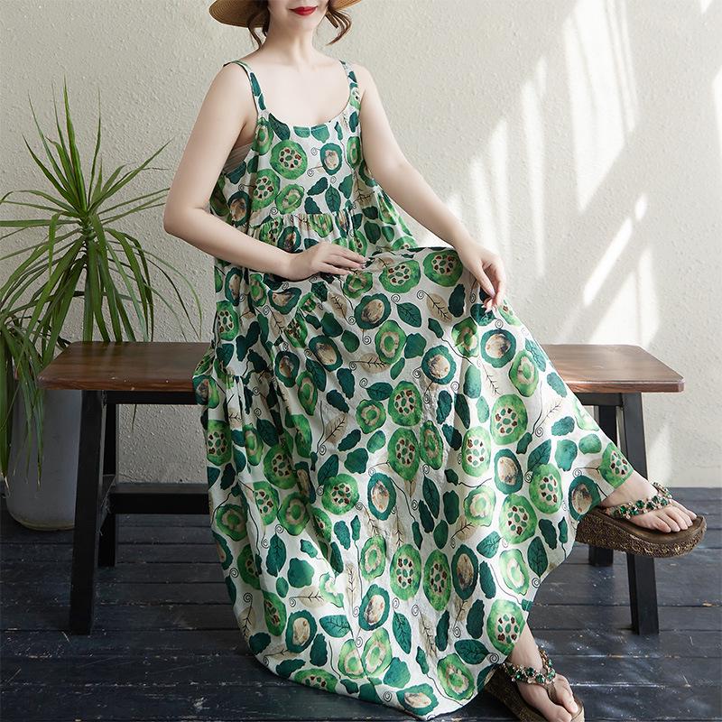 2025 Summer Sleeveless Cotton Linen Patchwork Maxi Dress