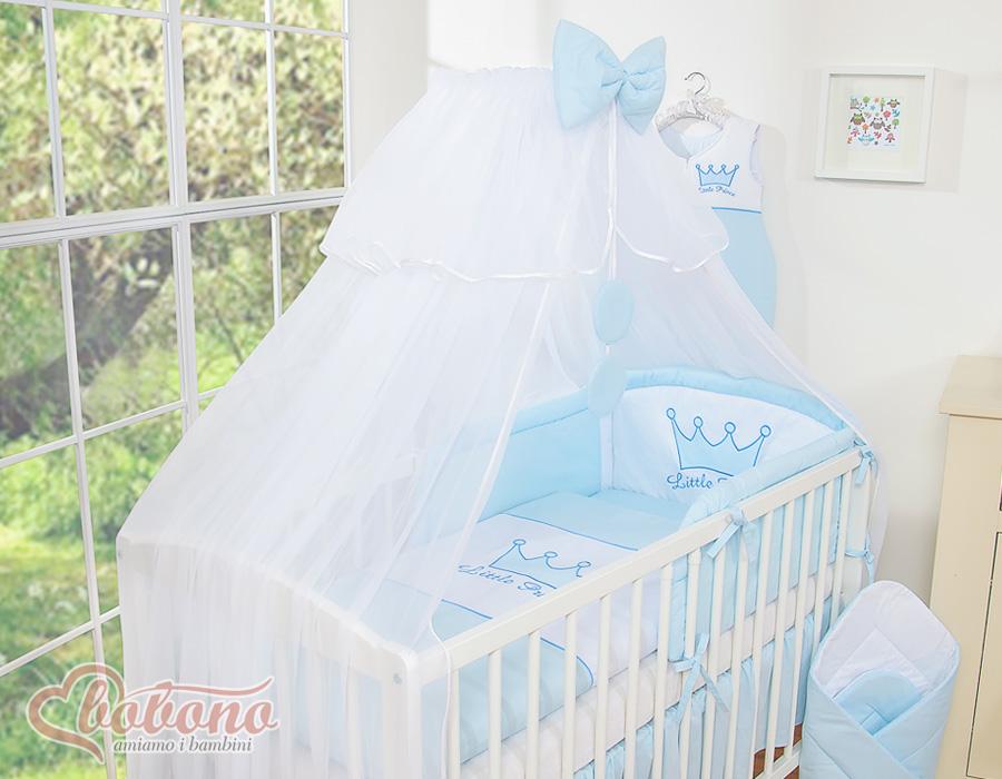 Large mosquito net for a baby cot made of white chiffon with rings and a bow - blue