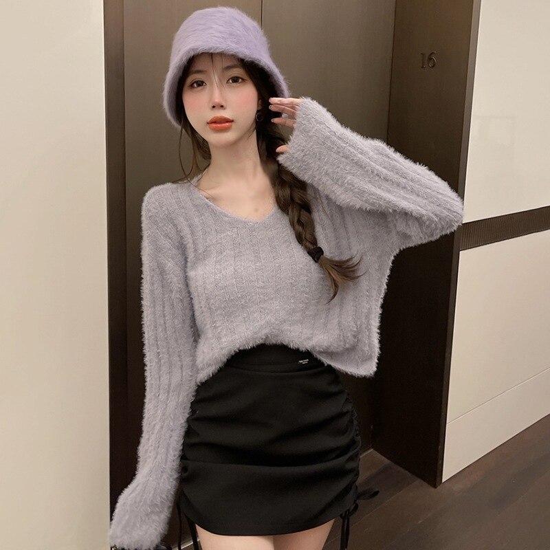 Autumn Mohair V-neck Sweater For Women Mohair Solid Color Casual Loose Soft Femme Tops Chic Hollow Out Pullovers