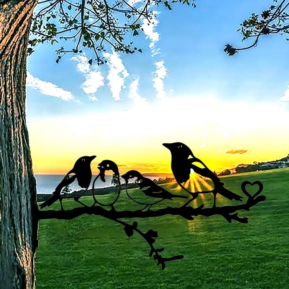 Four Birds On Branch Steel Silhouette Metal Wall Art for Home, Garden, Yard, and Patio. Perfect Outdoor Statue Stake Decoration