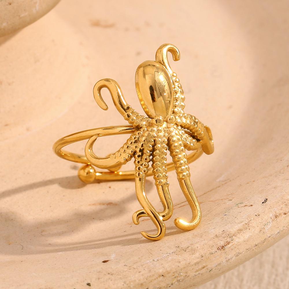 MamacitaSlay 316L Stainless Steel Octopus Open Ring Vacation Party Waterproof Jewelry Women's Unique 18K Gold Plated Ring Gift