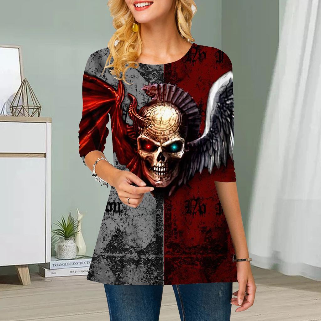 Plus Size Women Flower Human Skeleton Print Round Neck Casual Loose Long Sleeve Top