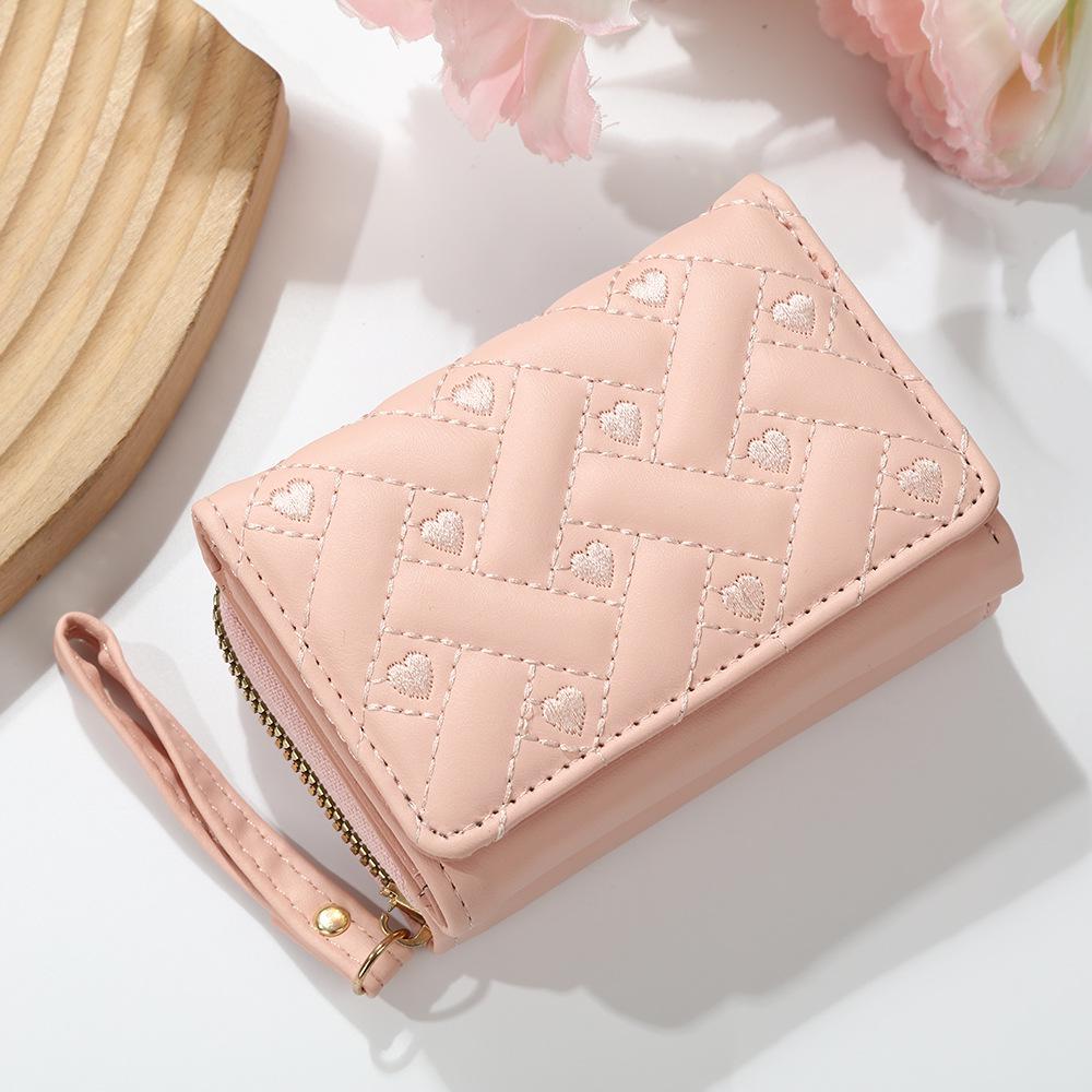 Dámská výšivka srdce PU trojdílná peněženka: Krátká peněženka s více sloty na karty & Držák na karty v jednom