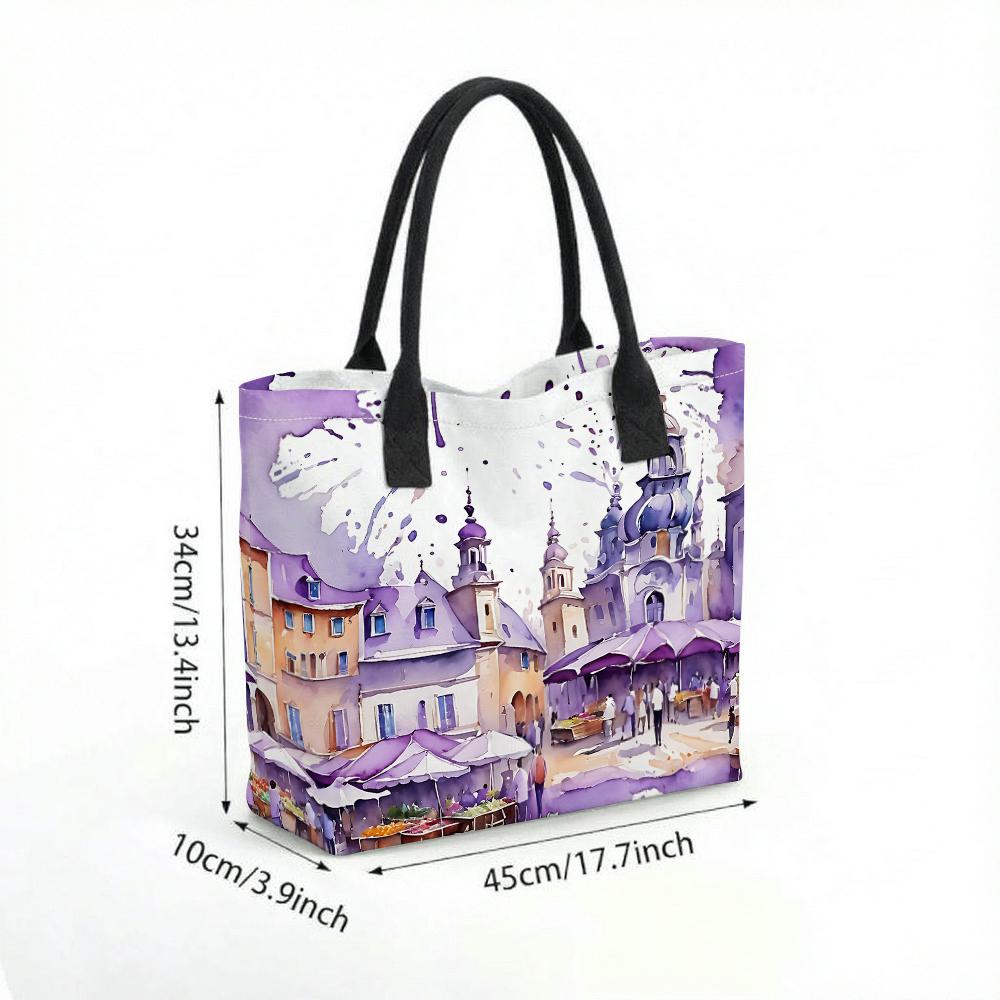  Purple Watercolor City Tote Bag Large Capacity Aesthetic Shoulder Bag for Daily Use