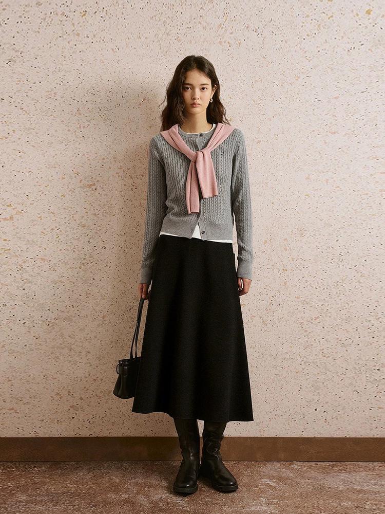 Wen Jiu A-Line Long Skirt: Slanted Cut Wool, Solid Color, Winter Elastic Waist, Slimming Half Skirt