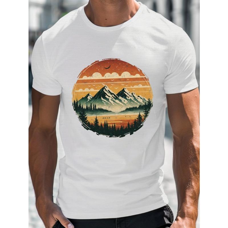 European Sizes Men's Summer T-Shirt - Mountain Landscape Graphic, Casual Short Sleeve Tee, Breathable, Machine Washable