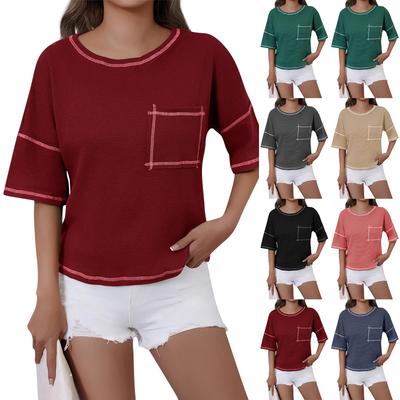 Damenmode Einfarbig Rundhals Kurzarm Tasche Pullover Lässiges T-Shirt Top