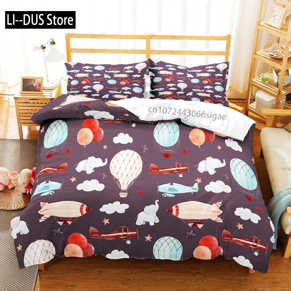 Balloon Duvet Cover Set King Twin Size Polyester Hand Painted Style Floating Hot Air Balloons With Clouds Moon Print Bedding Set