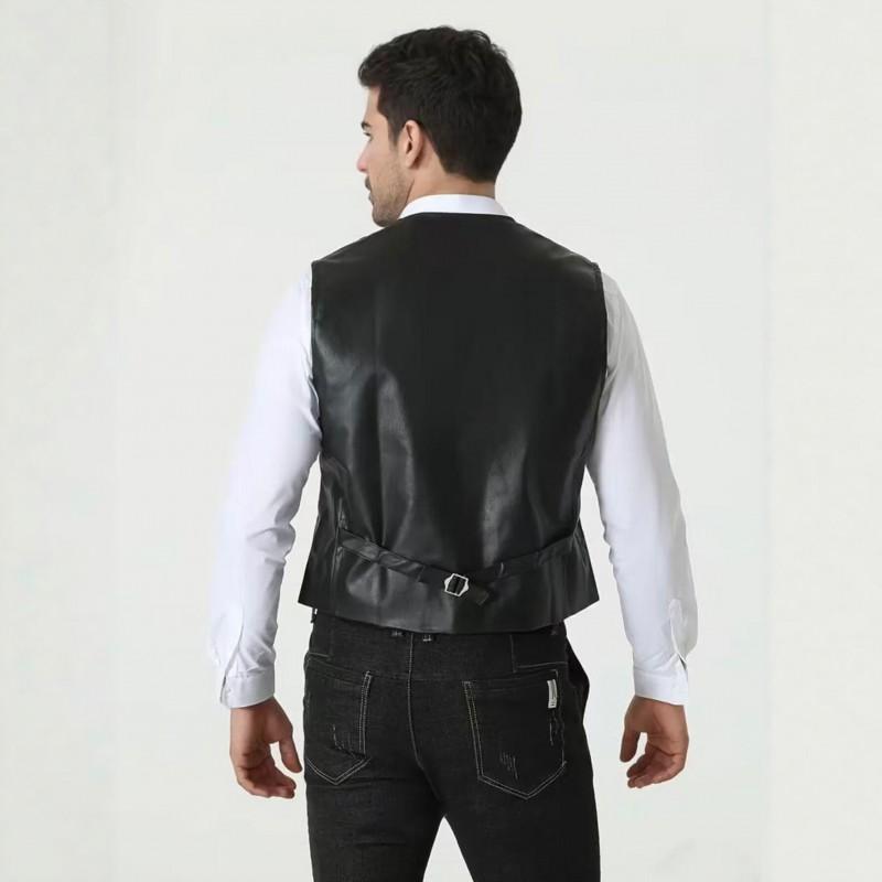 Mens PU Leather Vest Slim Fit V-Neck Single-Breasted Casual Sleeveless Jacket Black Brown