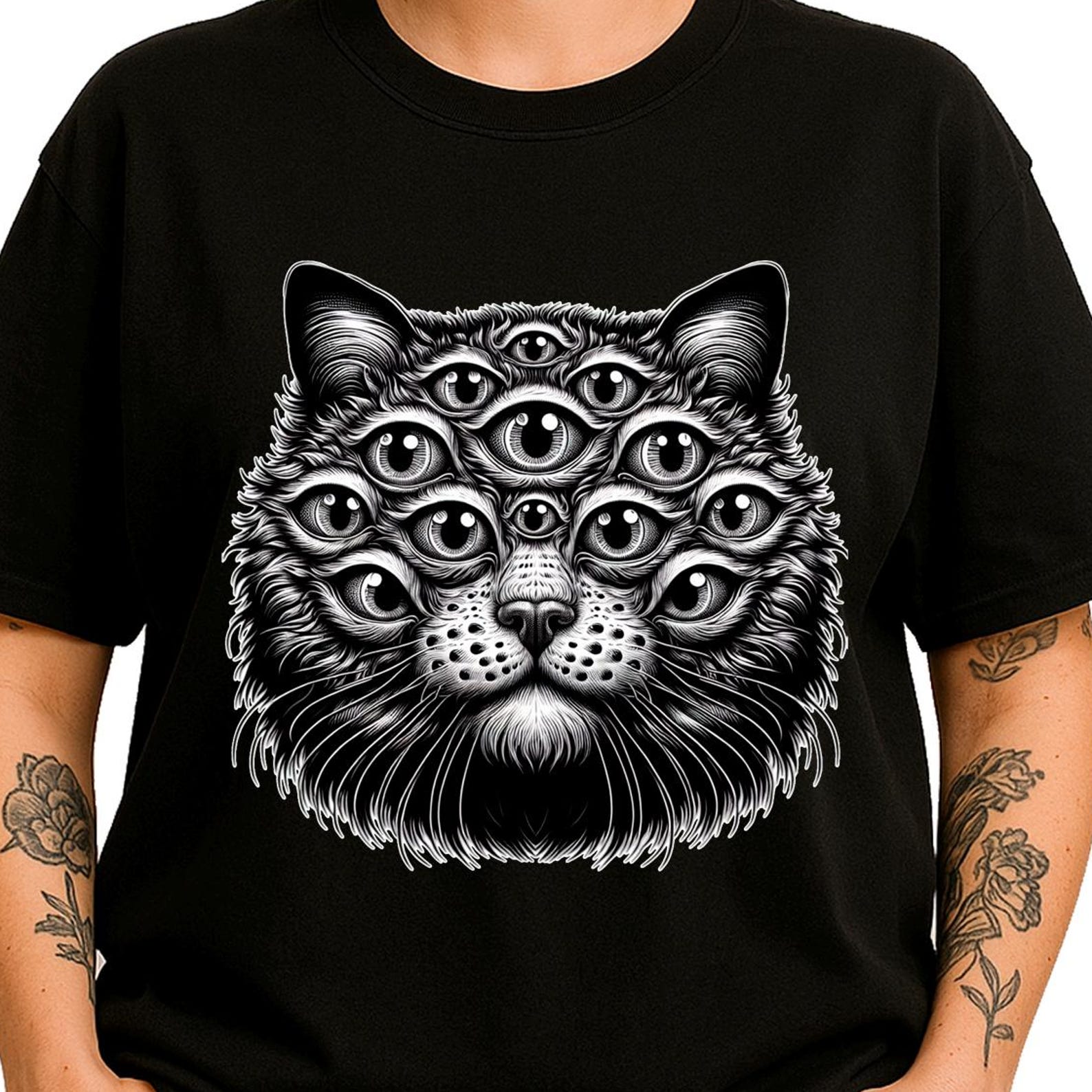 Trippy Cat Eyeballs T-Shirt | Weird Feline Gothic Tee | Odd Weirdcore Clothing Gift 3XL