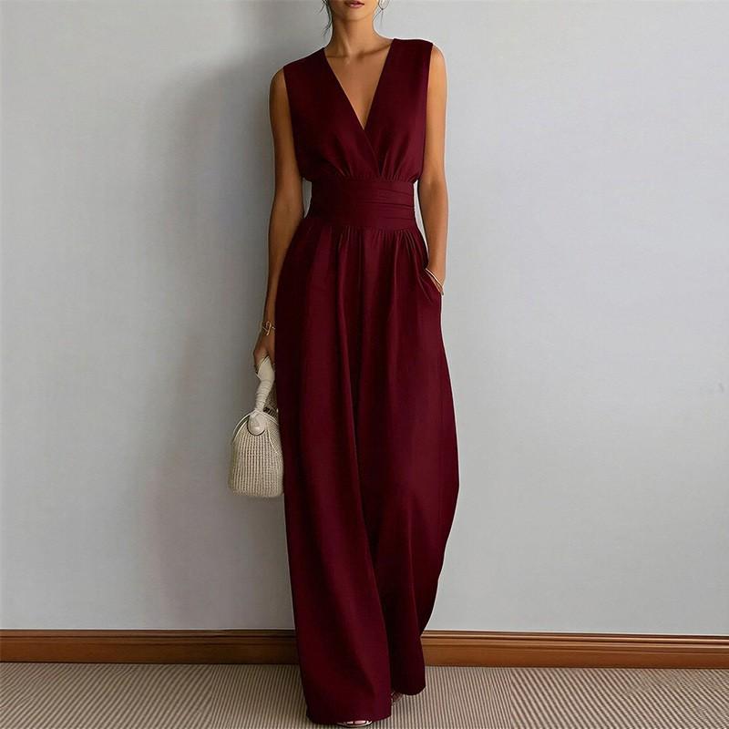 2026 Womens Sleeveless Solid Color High-Waist Wide-Leg Jumpsuit Elegant Casual Office Wear