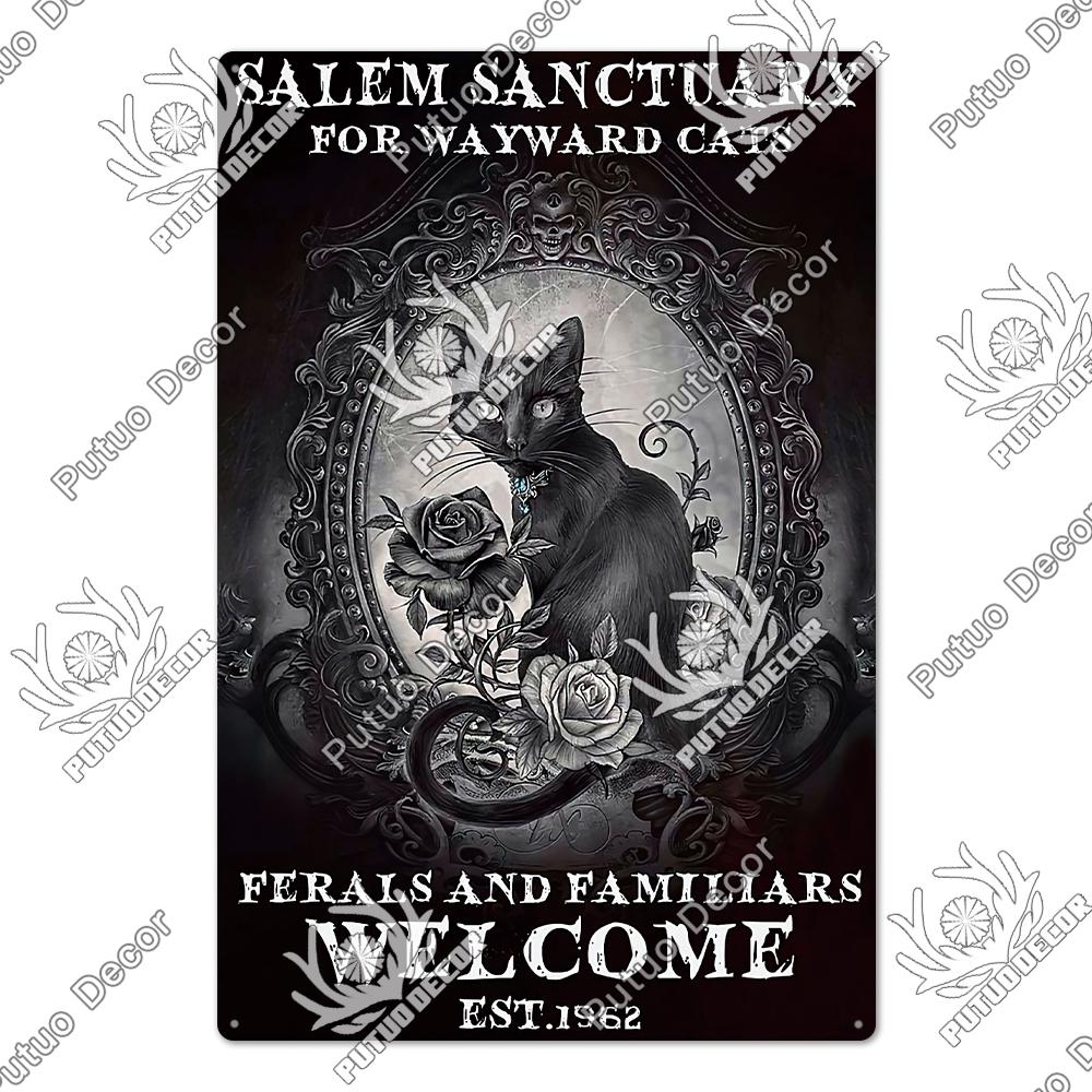 Putuo Decor Halloween Schwarze Katze Vintage Metallschild Plakette Metall Vintage Blechschild für Wohnzimmer Tür Tierhandlung Wanddekoration