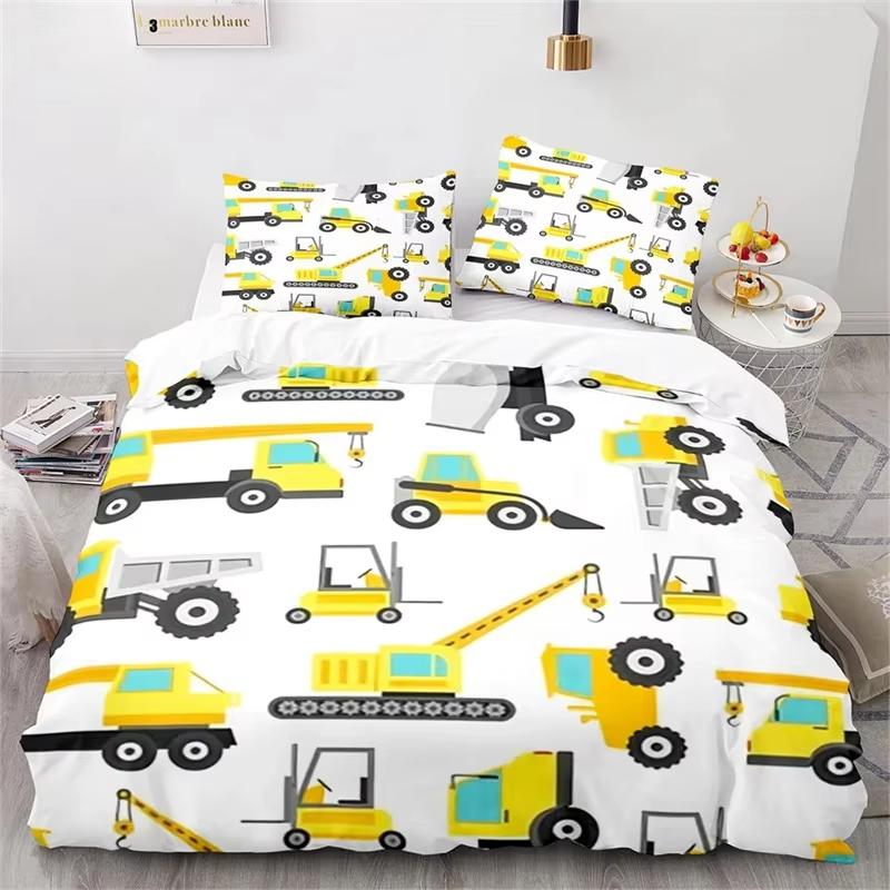 Cartoon Pattern Duvet Cover Set King Size Double Bed Full Size Engineering Truck Set Kids Boys Girls Excavator Bedding 3 Pcs