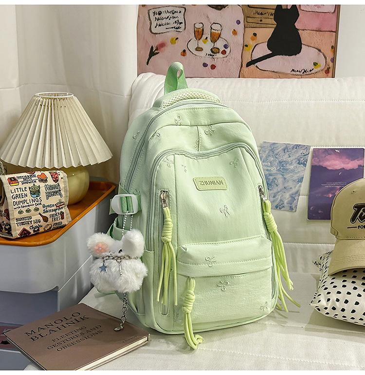 Schoolbag Cute Bow Embroidered Backpack Female Student Backpack Large Capacity Plush Pendant Elementary School Student Junior School Bag