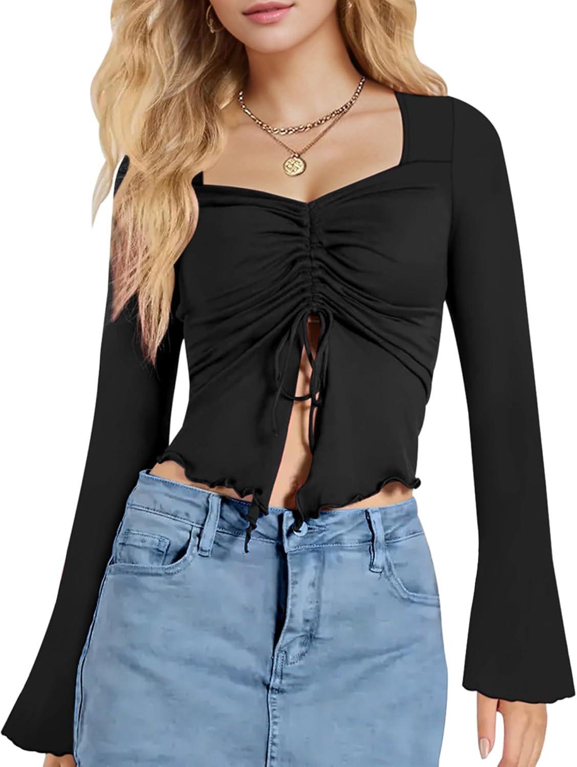 Women S Cropped Long Sleeve T Shirt Drawstring Ruched Slim Fit Top S