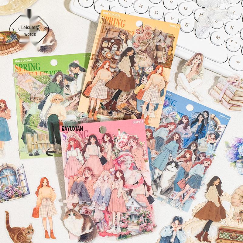 Yuxian Spring Letter Series Sticker Pack - 30 Sheets of Irregular Girl Characters in 4 Styles