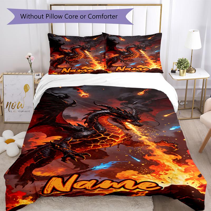Ensemble de literie Dragon avec nom personnalisé 3 pièces Housse de couette Fermeture Comprend 1 housse de couette et 2 taies d'oreiller, Doux et confortable pour toutes les saisons.