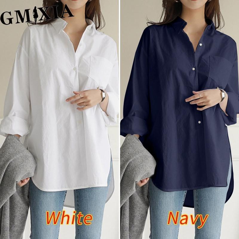 GMXIA Women's Fashion Casual Leisure Solid Color Print Long Sleeve POLO Neck Blouses & Shirts