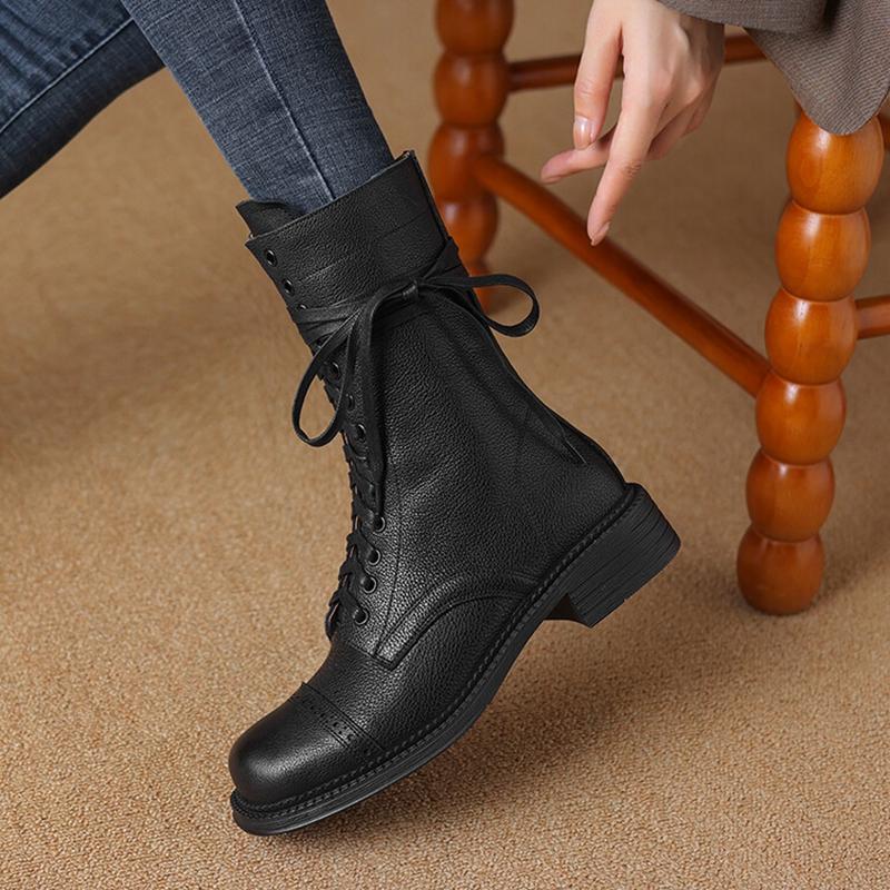 Fashion NEW Autumn Women Boots Genuine Leather Shoes for Women Round Toe Chunky Heel Shoes Zipper Short Boots Lace-up Designer Boots